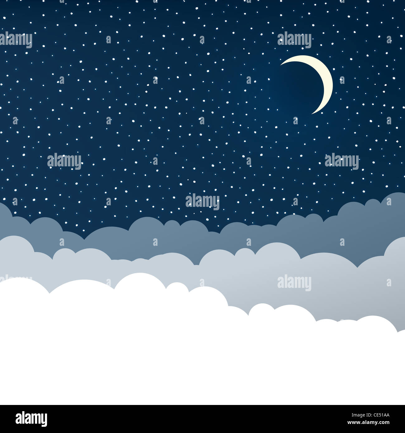 Night sky with clouds (isolated copyspace), stars and crescent moon ...