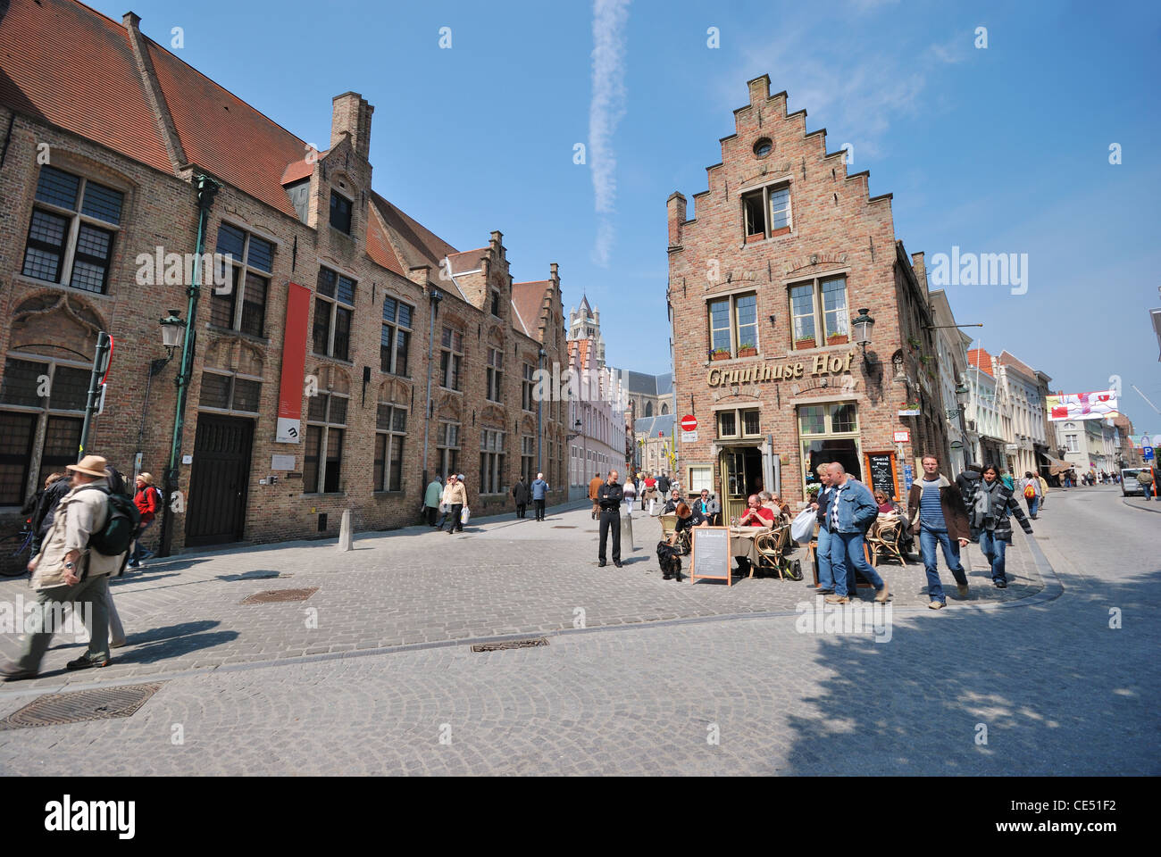 Restaurant at the crossroad in Brugge Belgium Stock Photo