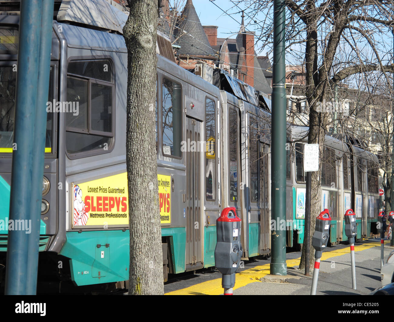 Green Line train in Brookline, Massachusetts Stock Photo Alamy