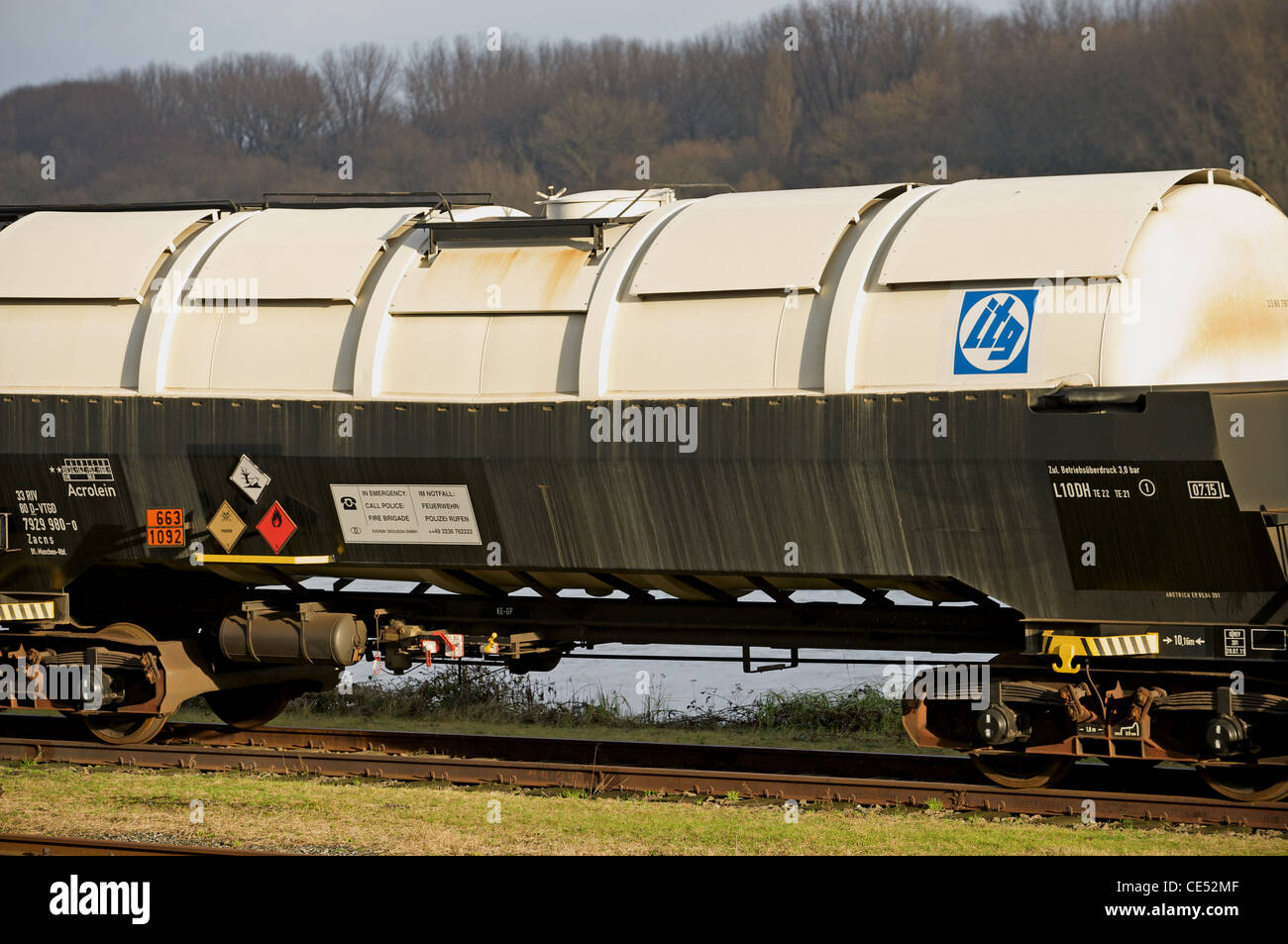 Railway tanker loaded with Acrolein a toxic substance used in the plastics industry, Wesseling, Cologne, Germany. Stock Photo