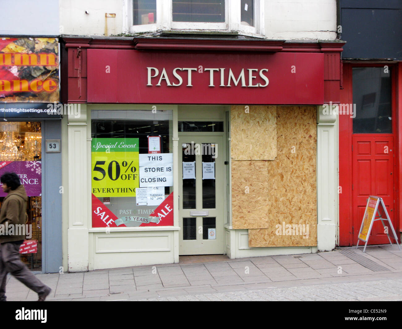 Past Times shop boarded up & closed due to going into administration Stock Photo
