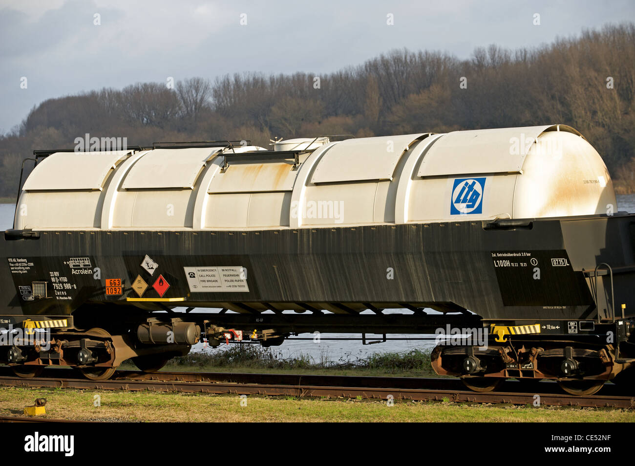 Railway tanker loaded with Acrolein a toxic substance used in the plastics industry, Wesseling, Cologne, Germany. Stock Photo