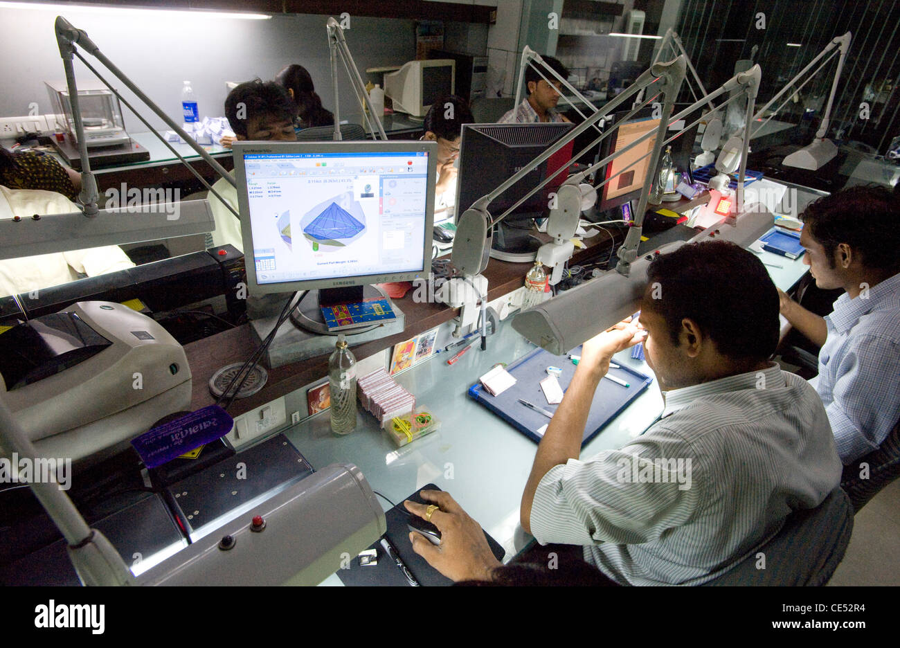 Planning area where rough diamonds are analysed to see which of the three forms they are best suited to be cut to. Stock Photo