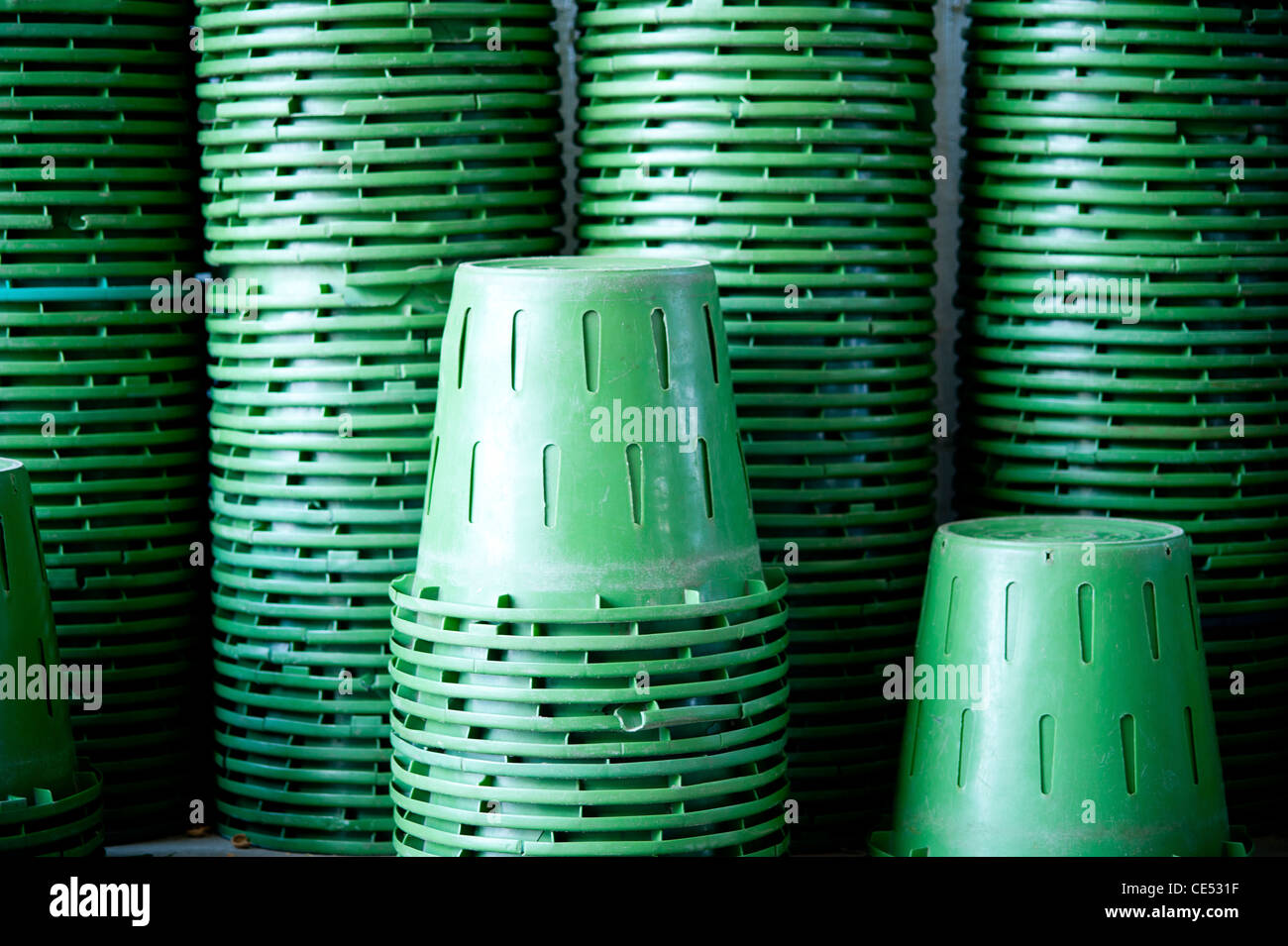 Stacks of green baskets on produce farm Stock Photo Alamy
