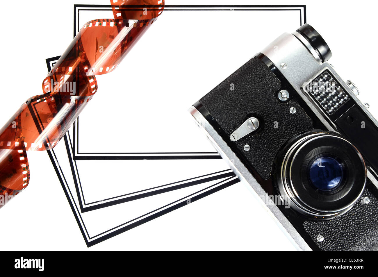 old retro photo camera and blank photo isolated on white background ...