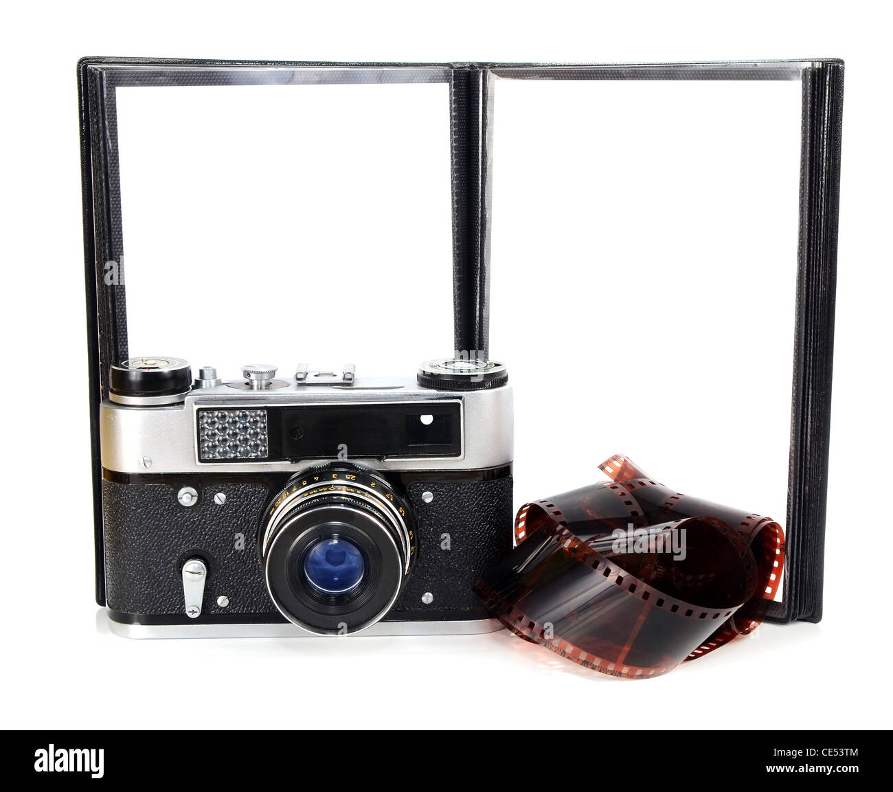 old retro photo camera and blank photo isolated on white background ...