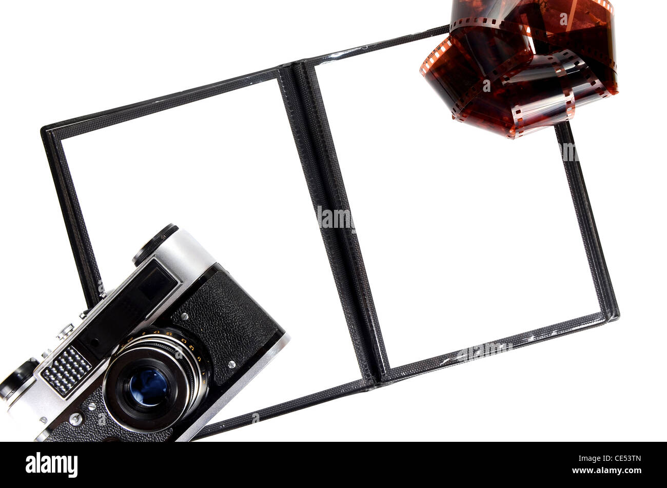 old retro photo camera and blank photo isolated on white background ...