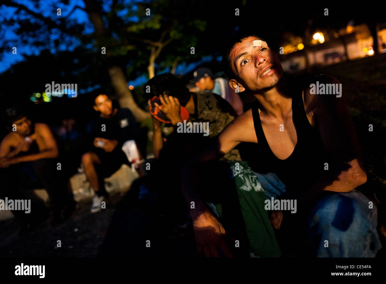 Young Salvadorean boys live on the street and sniff the shoe glue, San Salvador, El Salvador. Stock Photo