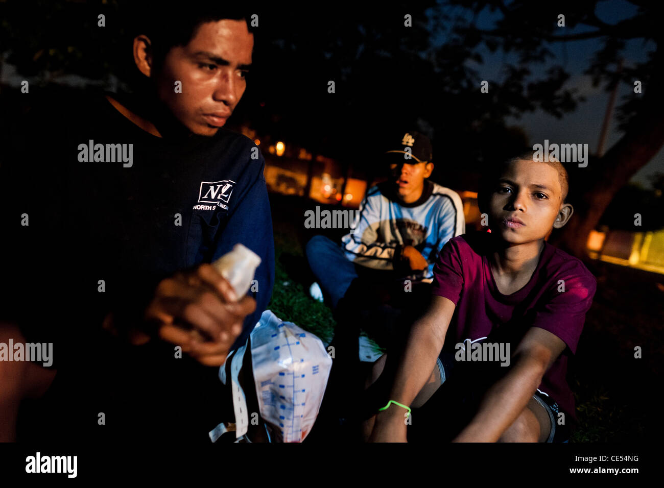 Salvadorean boys live on the street and sniff glue, San Salvador, El Salvador. Stock Photo
