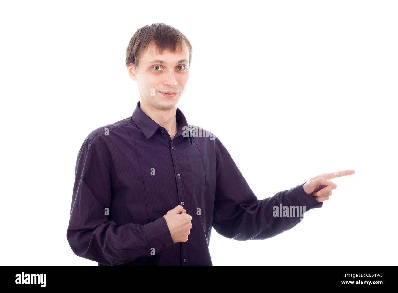 Funny nerd man pointing, isolated on white background. Stock Photo