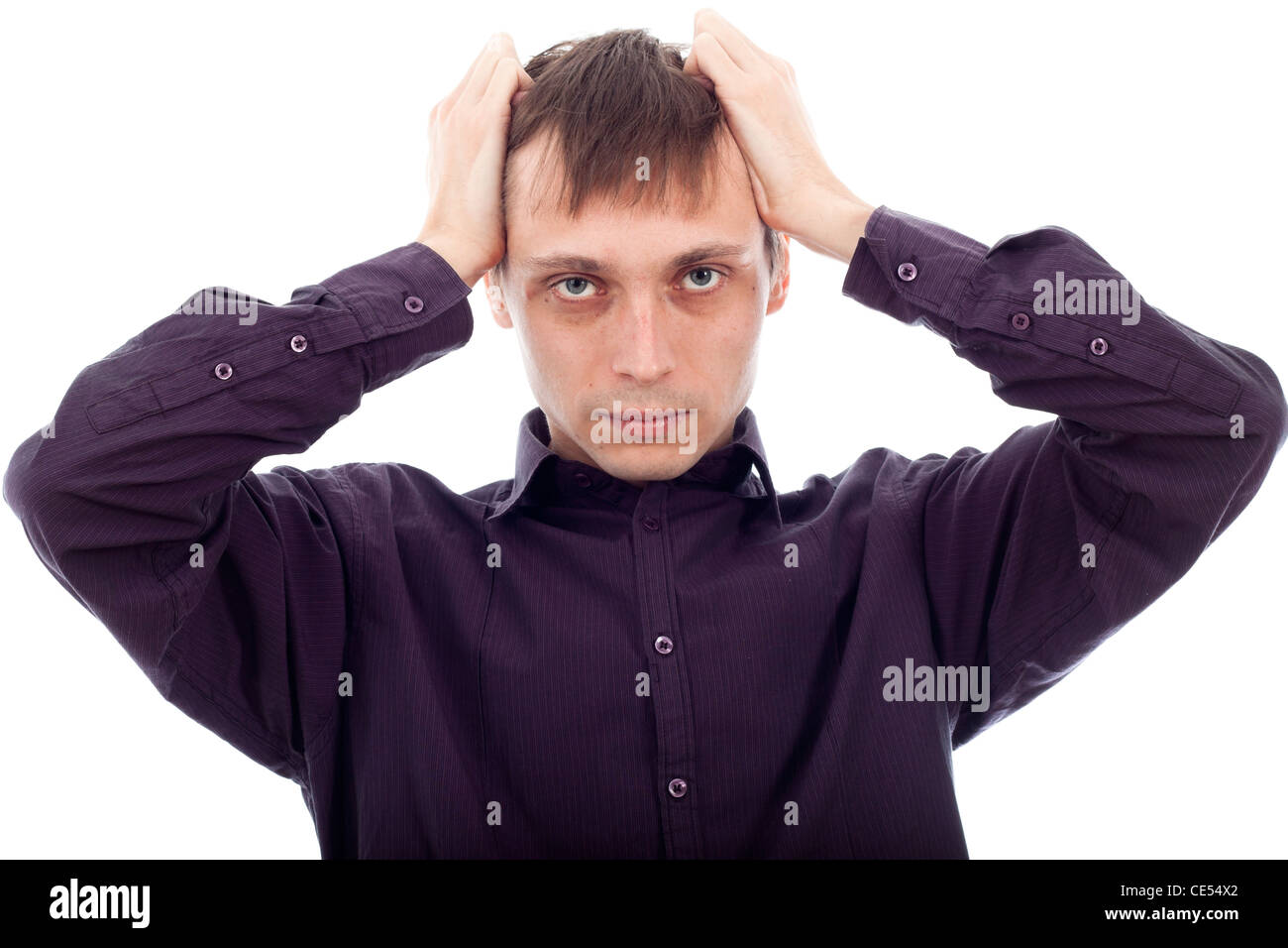Portrait of stressed tired man, isolated on white background. Stock Photo
