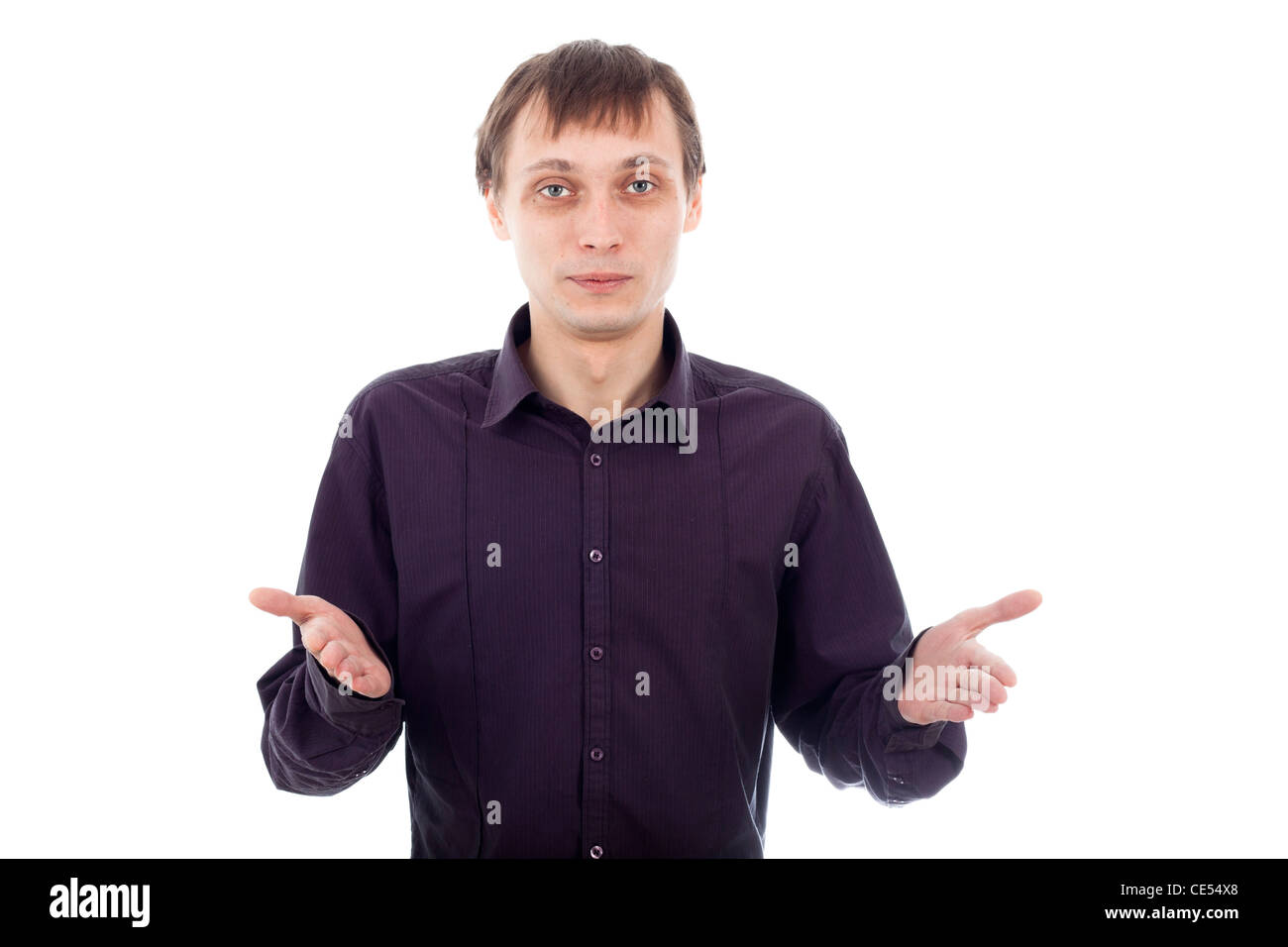 Funny confused nerd man, isolated on white background. Stock Photo