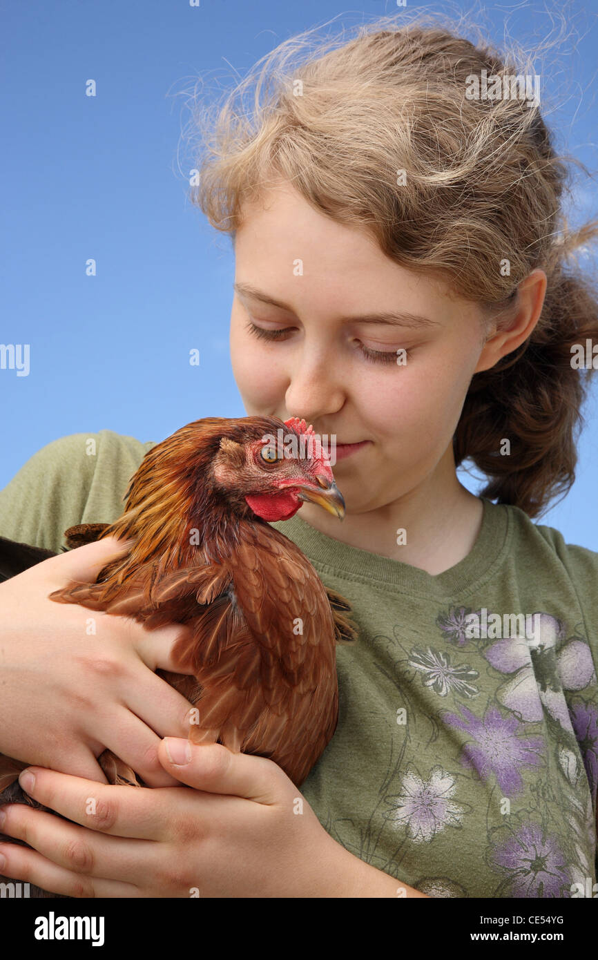 teenage girl holding and loving a pet hen chicken Stock Photo Alamy