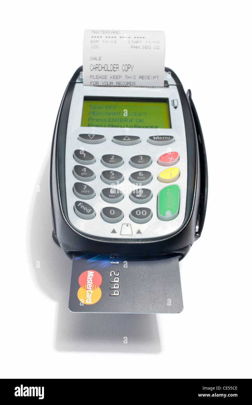 A credit card machine processing a mastercard payment Stock Photo