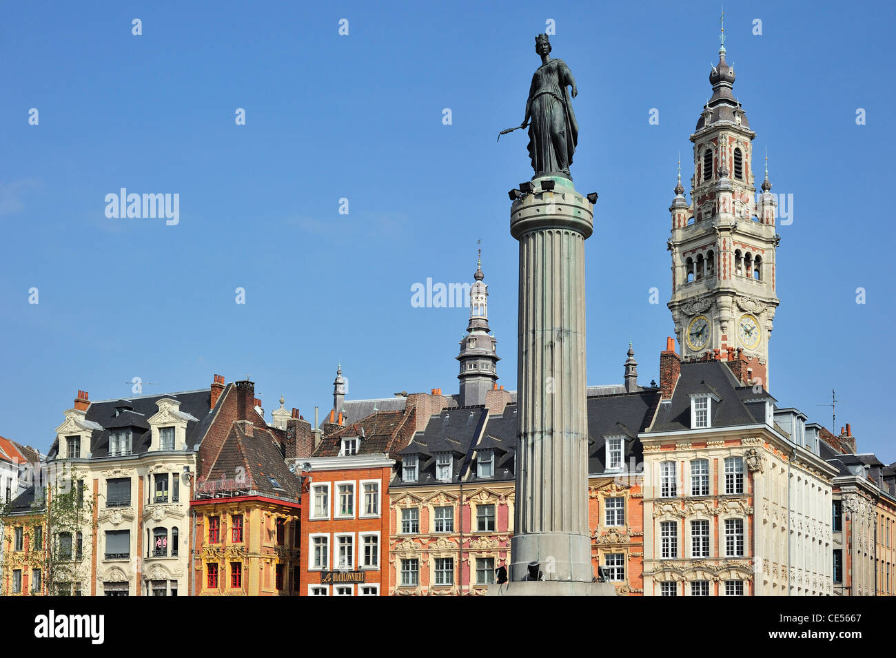 Belfry and memorial of the siege of 1792 / Column of the Goddess / La Déesse at the Place du Général de Gaulle, Lille, France Stock Photo