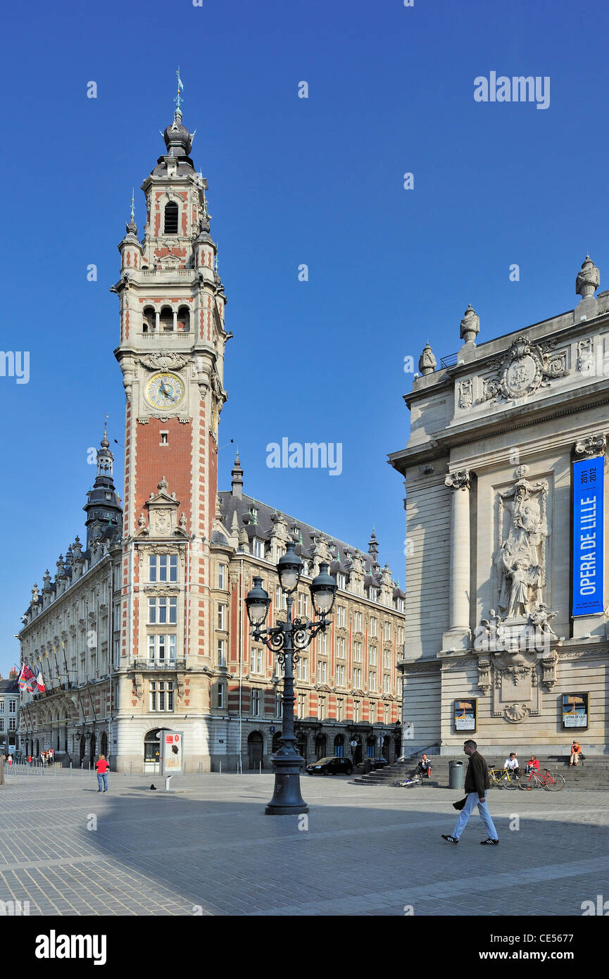 Bell tower of Chamber of Commerce and the Opéra de Lille at the Place du Théatre, Lille, France Stock Photo
