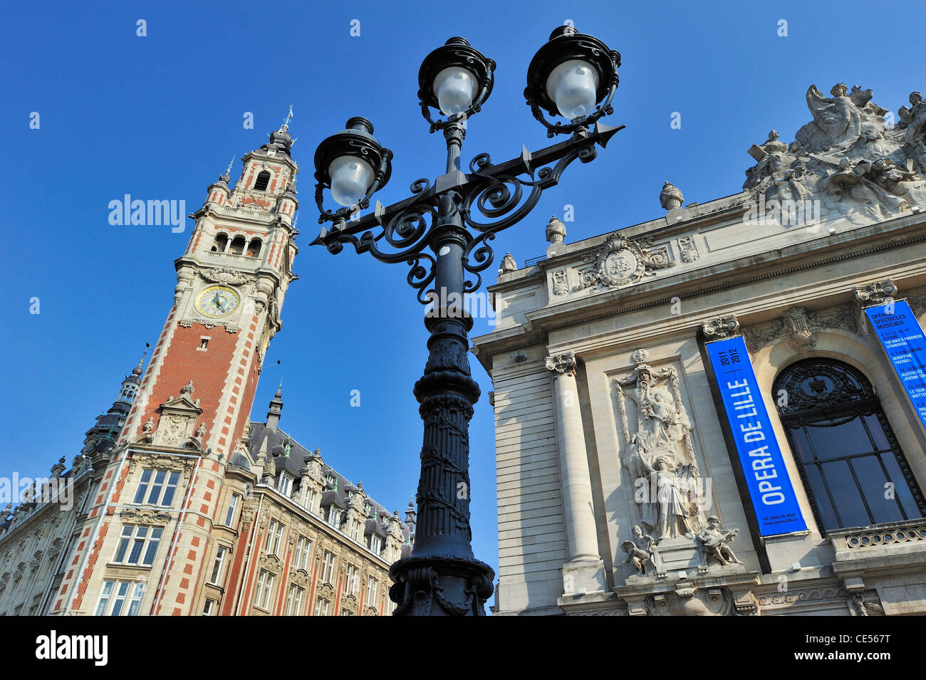 Bell tower of Chamber of Commerce and the Opéra de Lille at the Place du Théatre, Lille, France Stock Photo