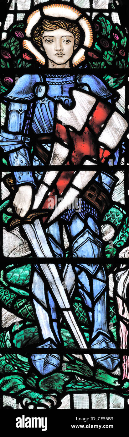 Stained glass window depicting St. George, Dunblane Cathedral, Scotland Stock Photo