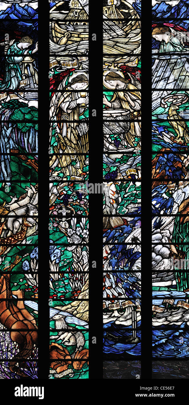 The Earth Window, depicting animals, grass and water, Dunblane Cathedral, Scotland Stock Photo