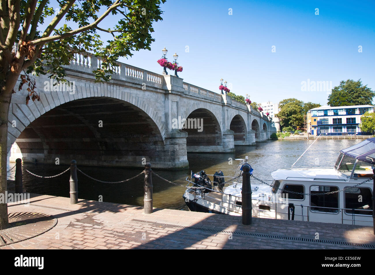 View from the tow path (cycle path), of Kingston Bridge, Kingston Upon Thames. Stock Photo