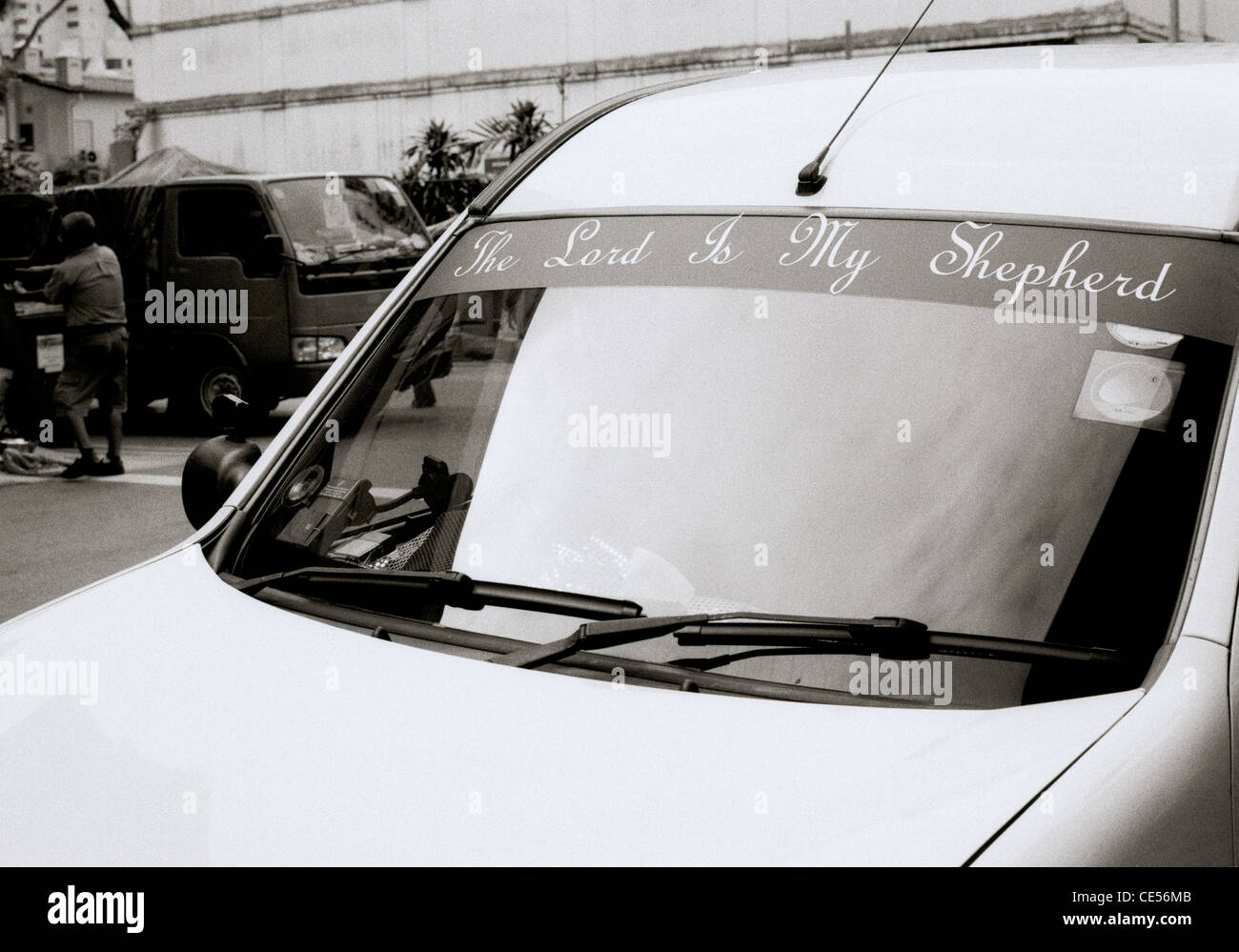 Travel Photography - Car with biblical quote in Little India in Singapore in Southeast Asia Far East. Bible Christian Proverb Stock Photo