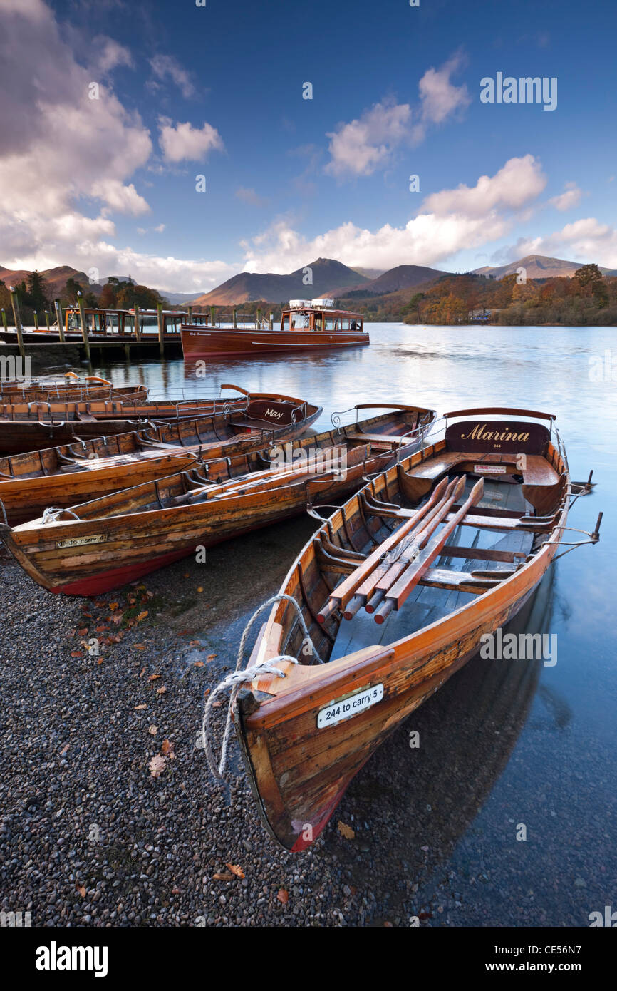 Wooden Rowing Boats on Derwent Water, Keswick, Lake District, Cumbria, England. Autumn (November) 2011. Stock Photo