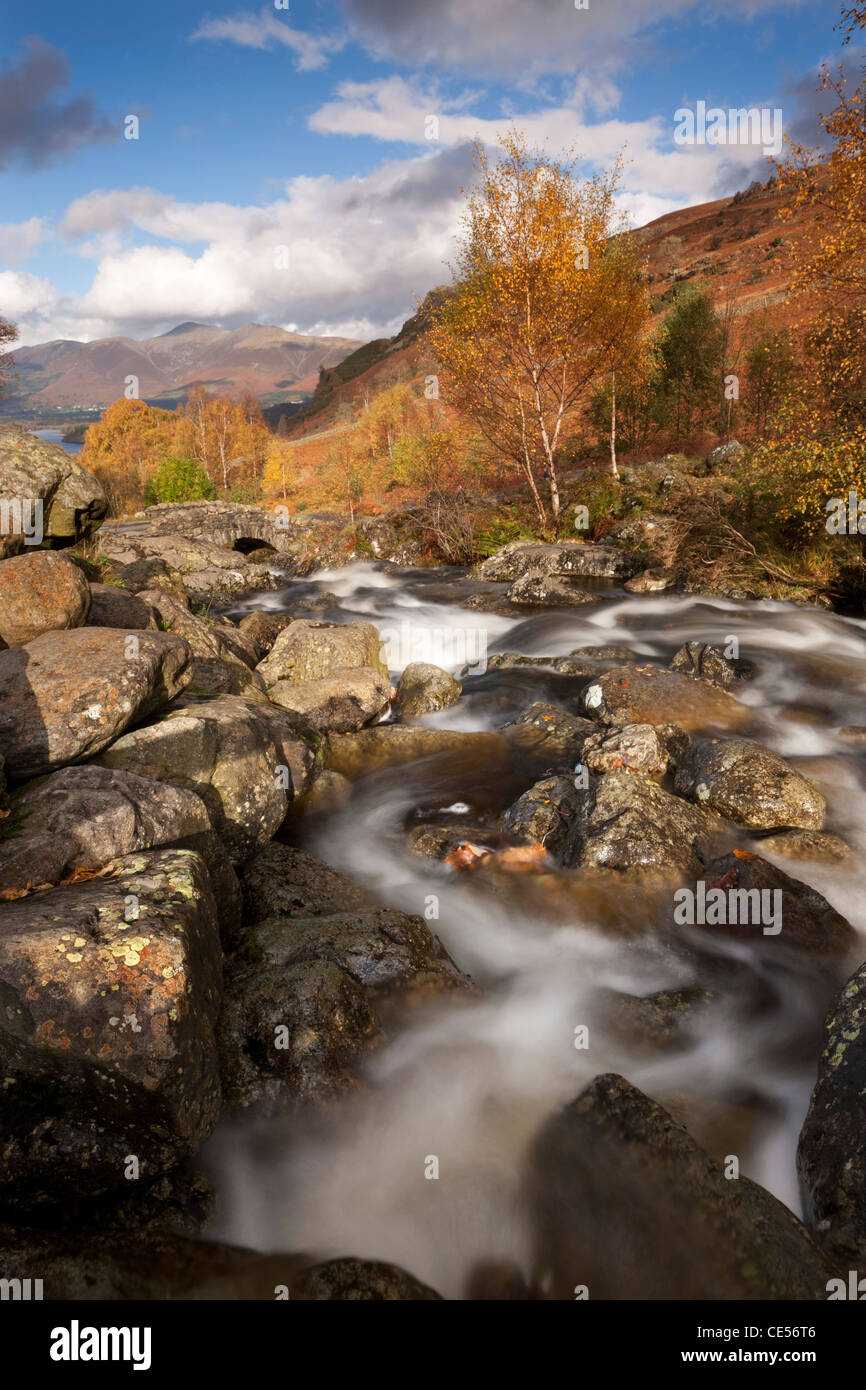 Rocky stream and Ashness Bridge, Lake District, Cumbria, England. Autumn (November) 2011. Stock Photo