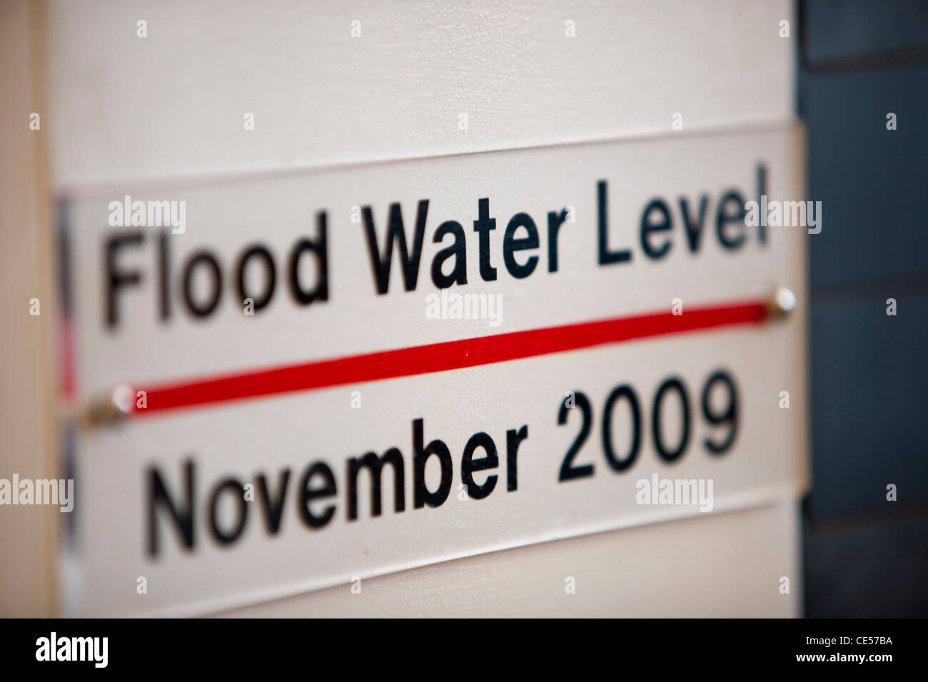 The flood level of the 2009 floods that Coniston Water got to, shown in the Bluebird Cafe on the shores of the lake Stock Photo