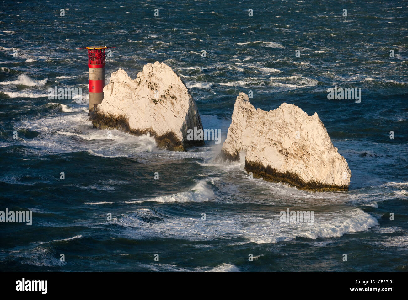 The Needles Lighthouse during stormy weather, Isle of Wight, England. Autumn (November) 2011. Stock Photo