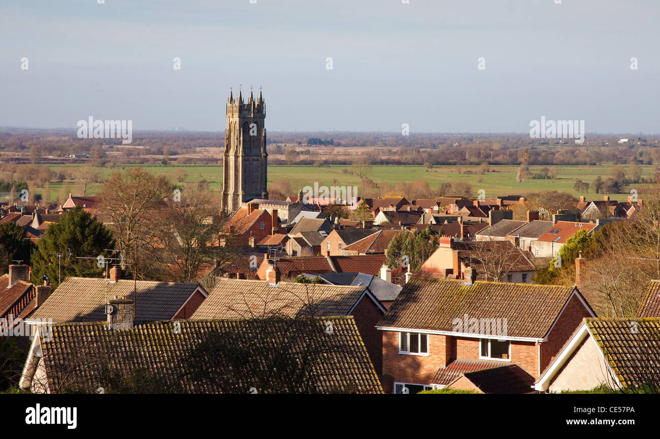 View from Chalice Hill over Glastonbury town in Somerset UK with St John the Baptist parish church and the Somerset levels Stock Photo