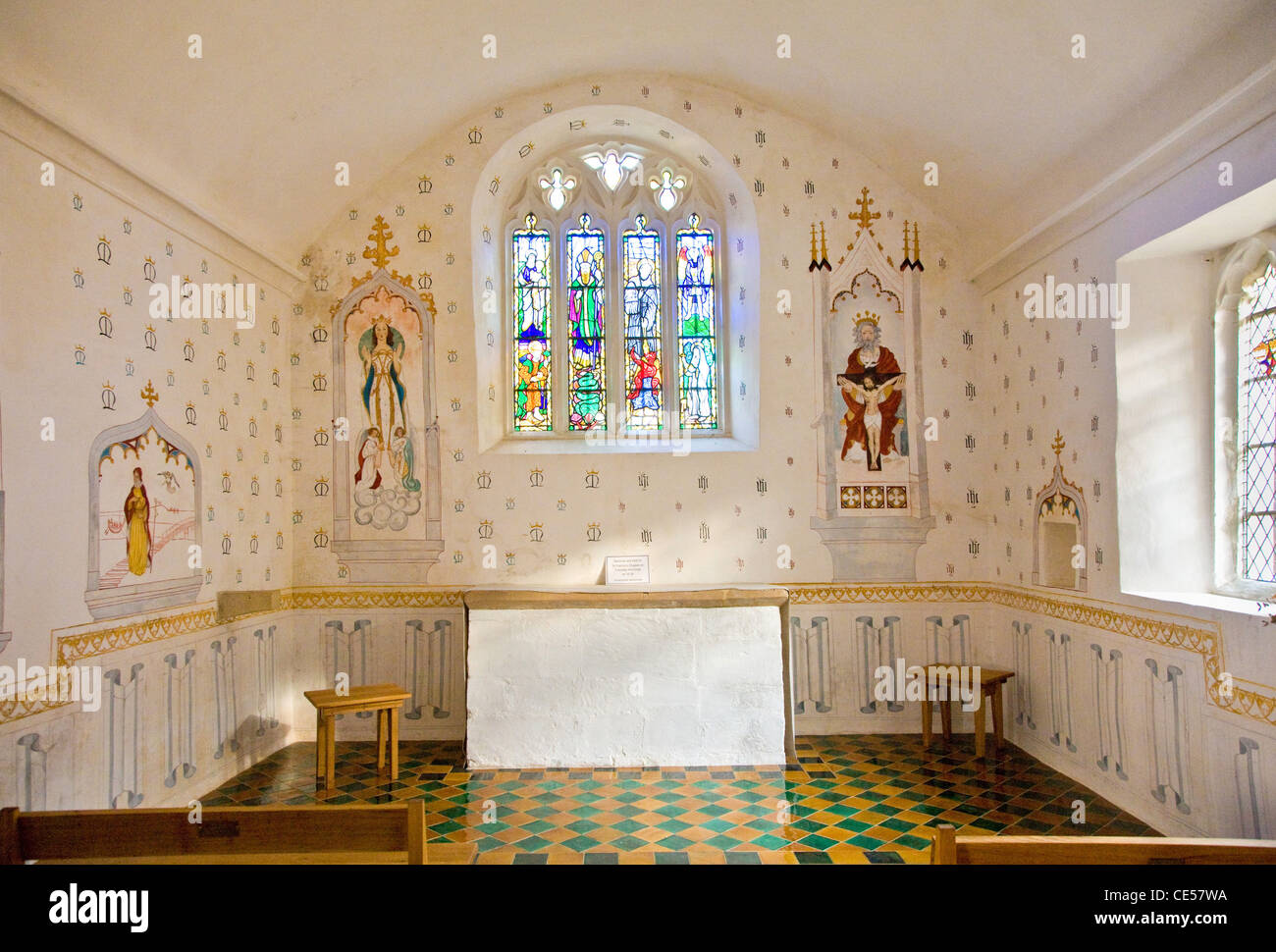 Interior of the recently repainted St Patrick's Chapel in the grounds of Glastonbury Abbey in Somerset UK Stock Photo