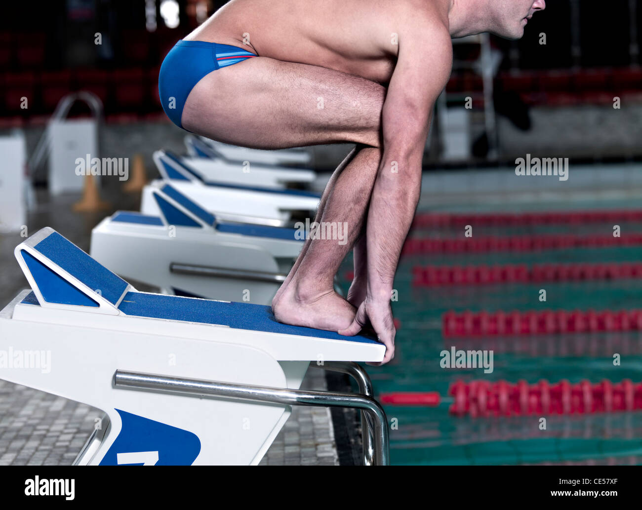 Swimmer on starting blocks at pool edge Stock Photo Alamy