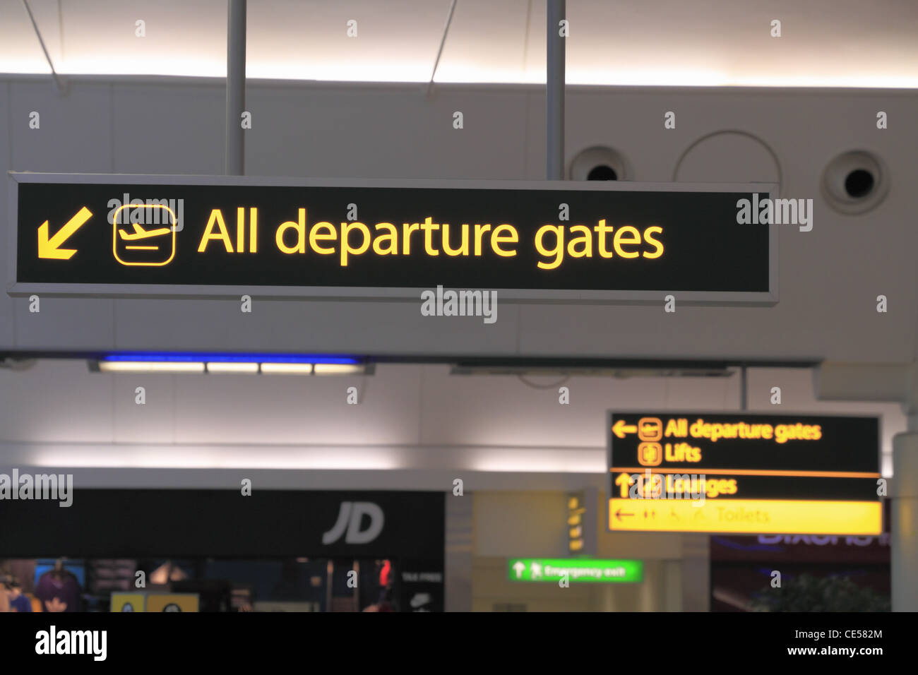 Flight departure gates public information sign in the South terminal of