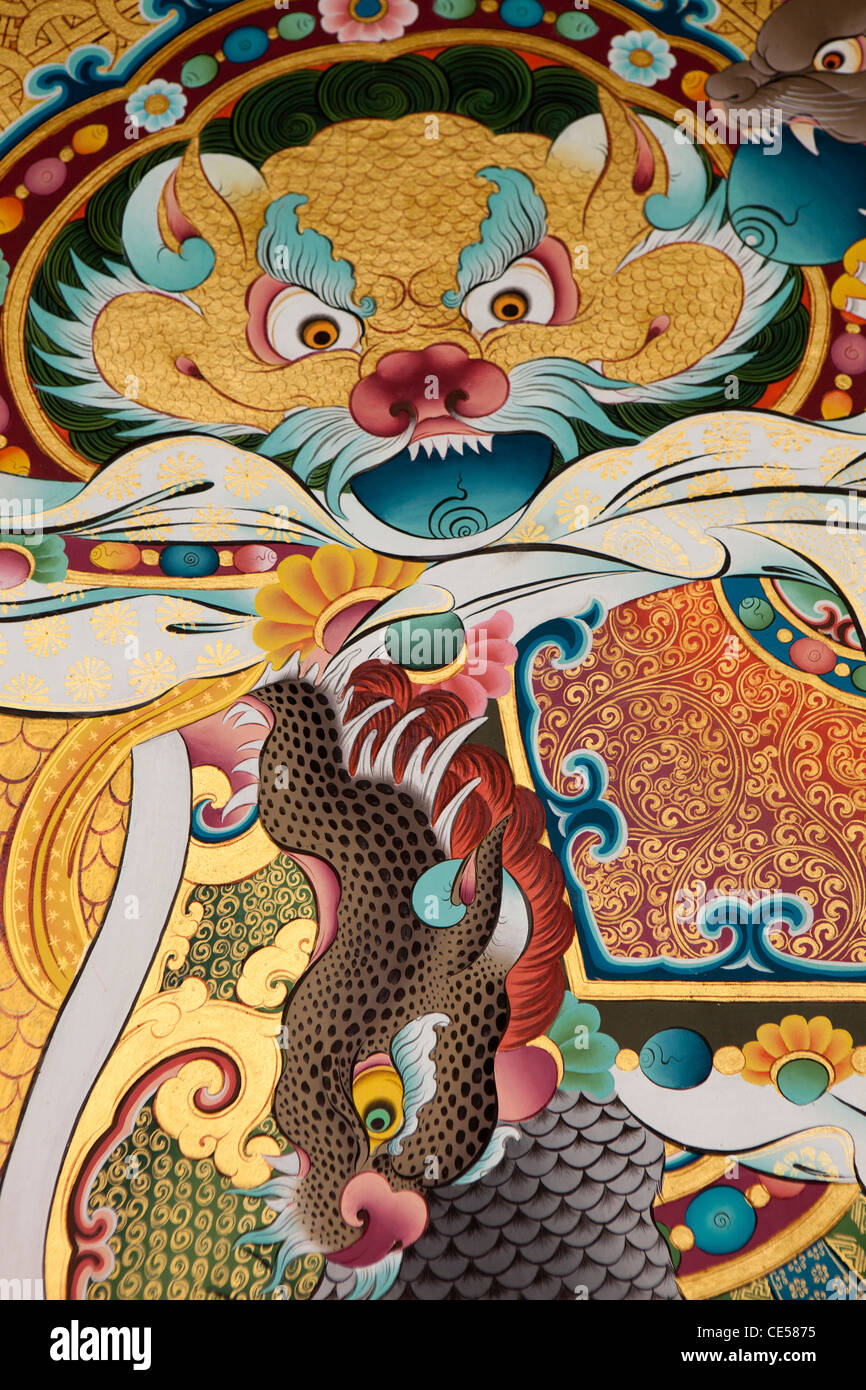 India, Arunachal Pradesh, Tawang, Khinmey Nyingma Monastery, colourful detail of high quality wall painting Stock Photo