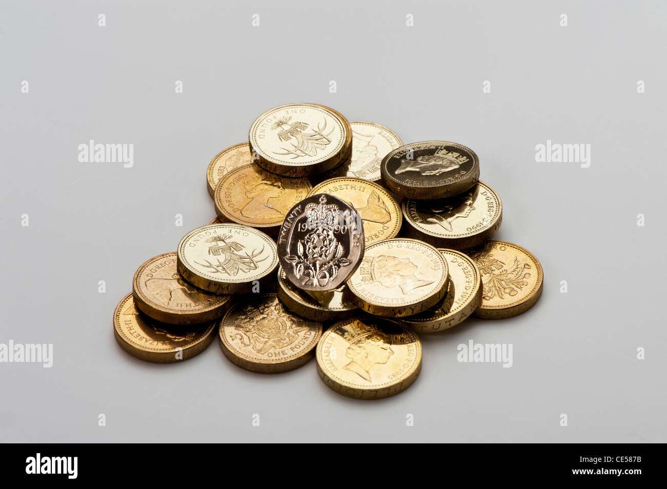 Pound coins and 20p coin Stock Photo