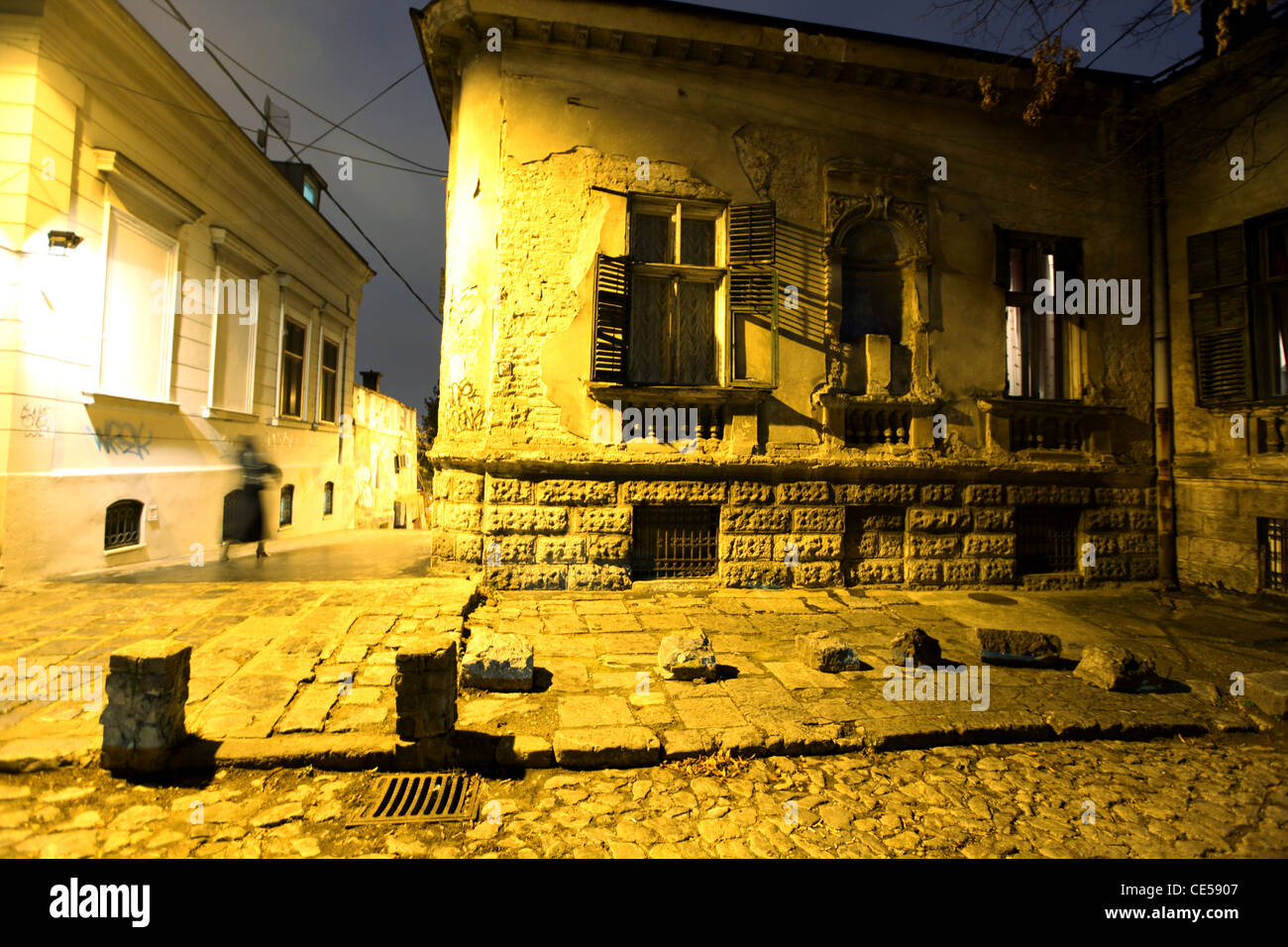 Illuminated old house at night in an old quarter of Kosancicev venac, city of Belgrade, Serbia, Balkans Stock Photo