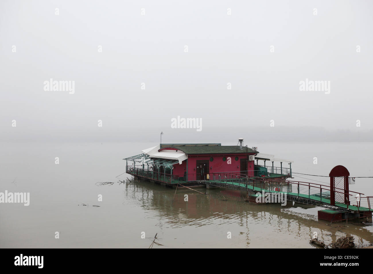 House boat and swimming bar with restaurant at the confluence of the Sava and Danube river in the city of Belgrade, Serbia Stock Photo