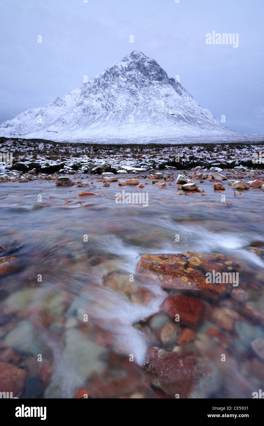 Snow clad Stob Dearg and Buachaille Etive Mor and the River Coupall, Glencoe, Scottish Highlands Stock Photo
