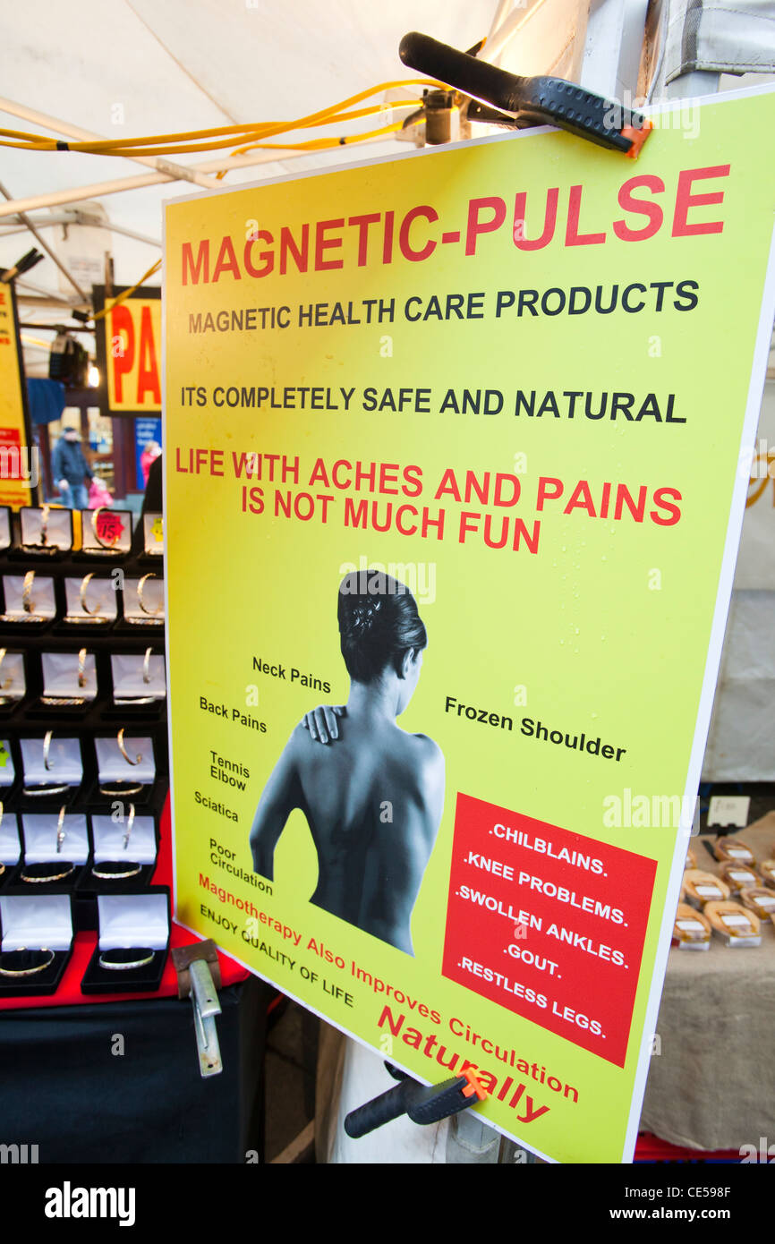 Magnetic pulse health devices for sale on Keswick market, Cumbria, UK, Stock Photo