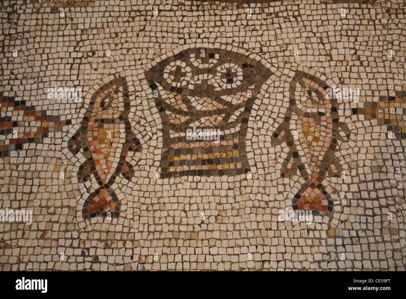 Mosaic, The Church of the Multiplication of the Loaves and the Fishes, Tabgha, Israel Stock Photo
