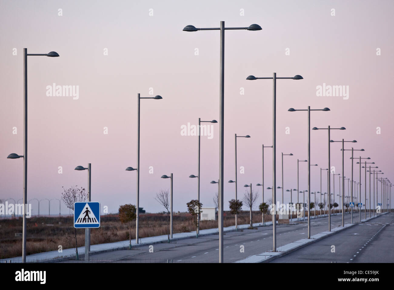 Rows of redundant street lighting, near Seseña, in the province of Toledo, near Madrid Spain. Photo:Jeff Gilbert. Stock Photo