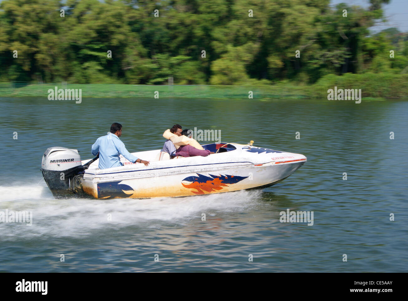Speed Boat pleasure trip through Veli Lakes,Kerala (India) Stock Photo
