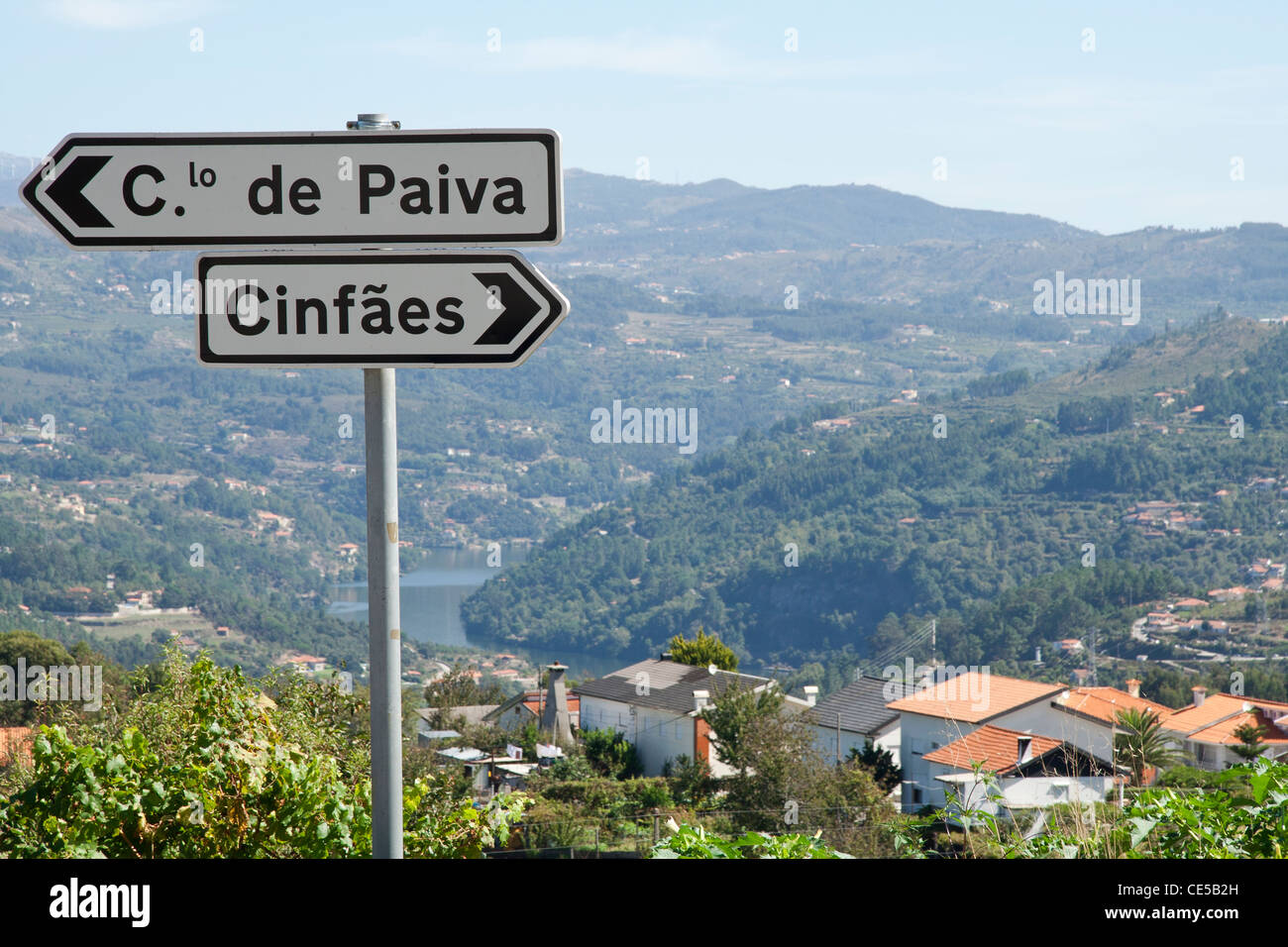 Road side signs to Castelo de Paiva and Cinfaes with Douro valley on the background Stock Photo