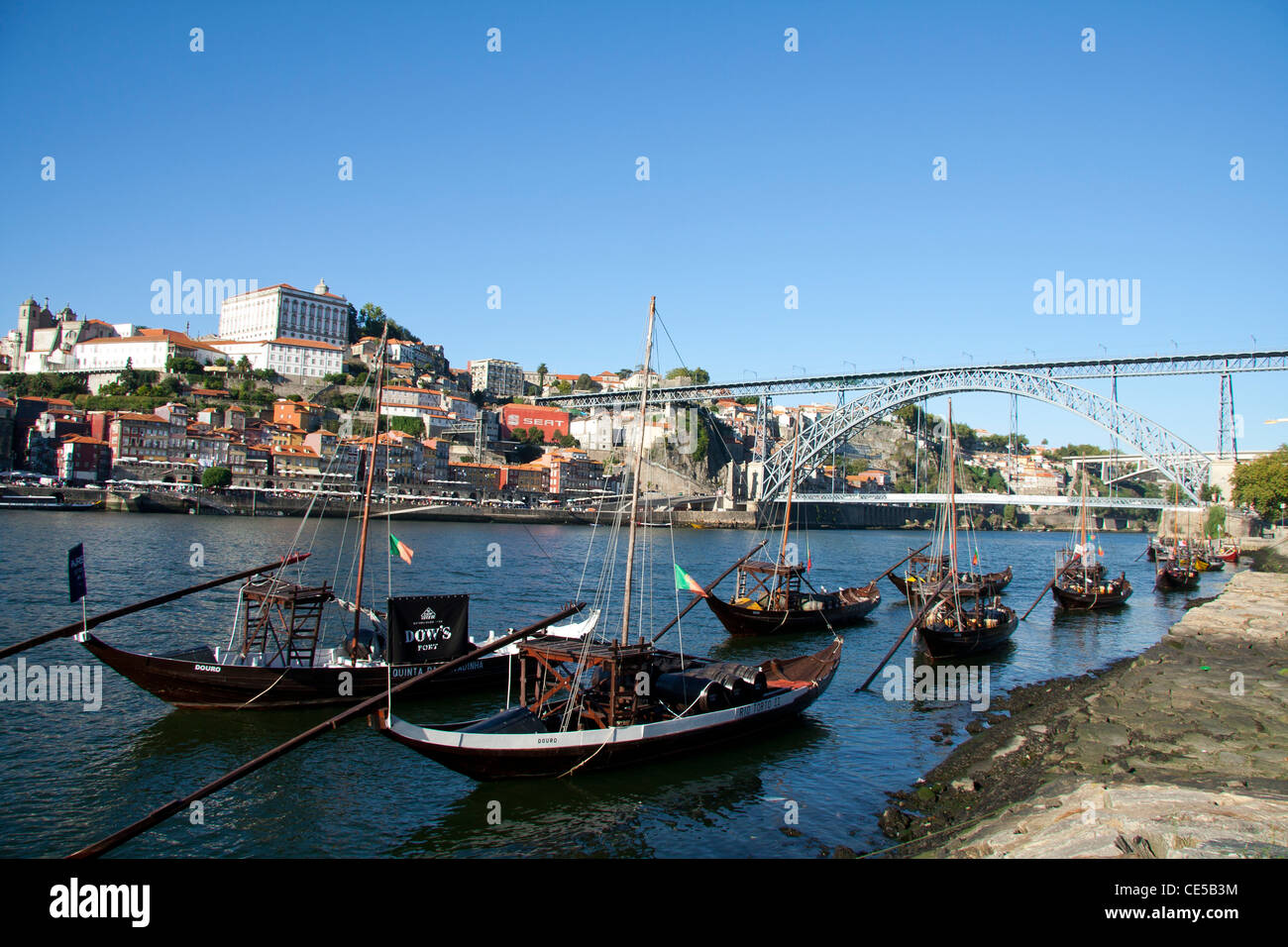 Barcos Rabelo on the Douro river with Porto and D. Luis iron bridge on the background Stock Photo