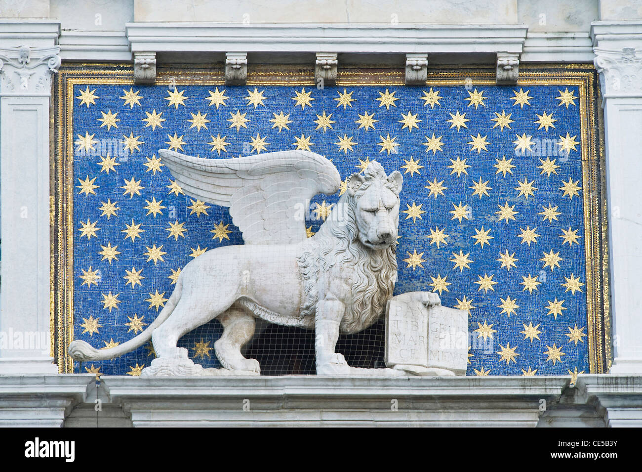 Italy, Venice, Winged Lion of St. Mark's on St. Mark's Clocktower - symbol of St. Mark, patron saint of Venice Stock Photo