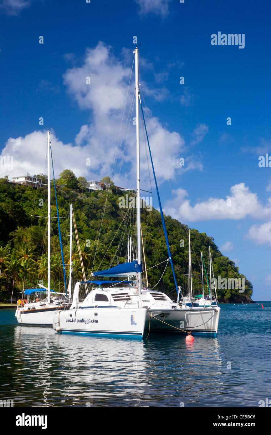 Catamaran in the tiny harbor at Marigot Bay on the West coast of St. Lucia, West Indies Stock Photo