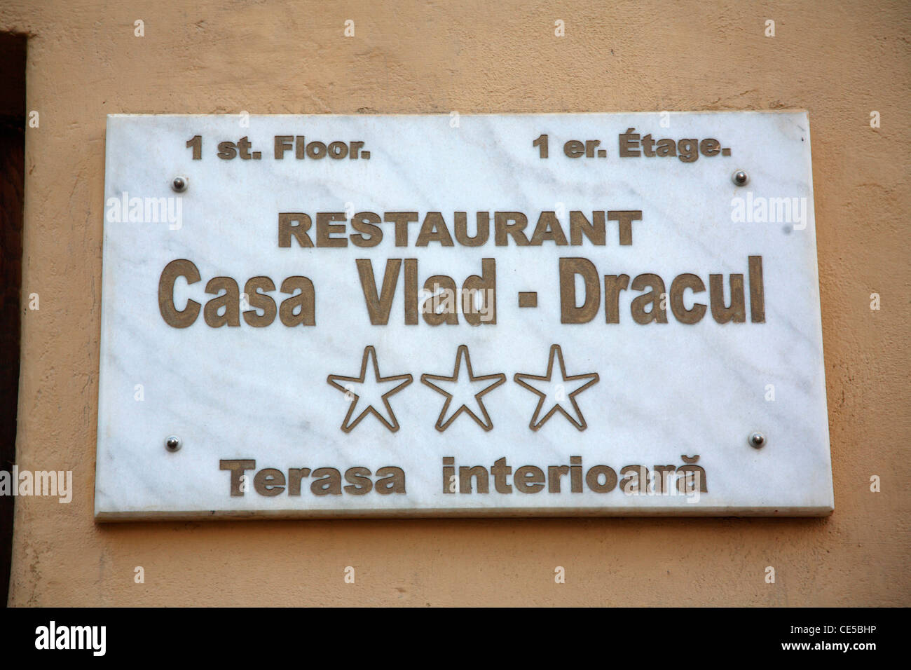Europe, Romania, Sighisoara, The sign of Restaurant Casa Vlad Dracul on a house where Vlad Tepes also known as Dracula was born Stock Photo