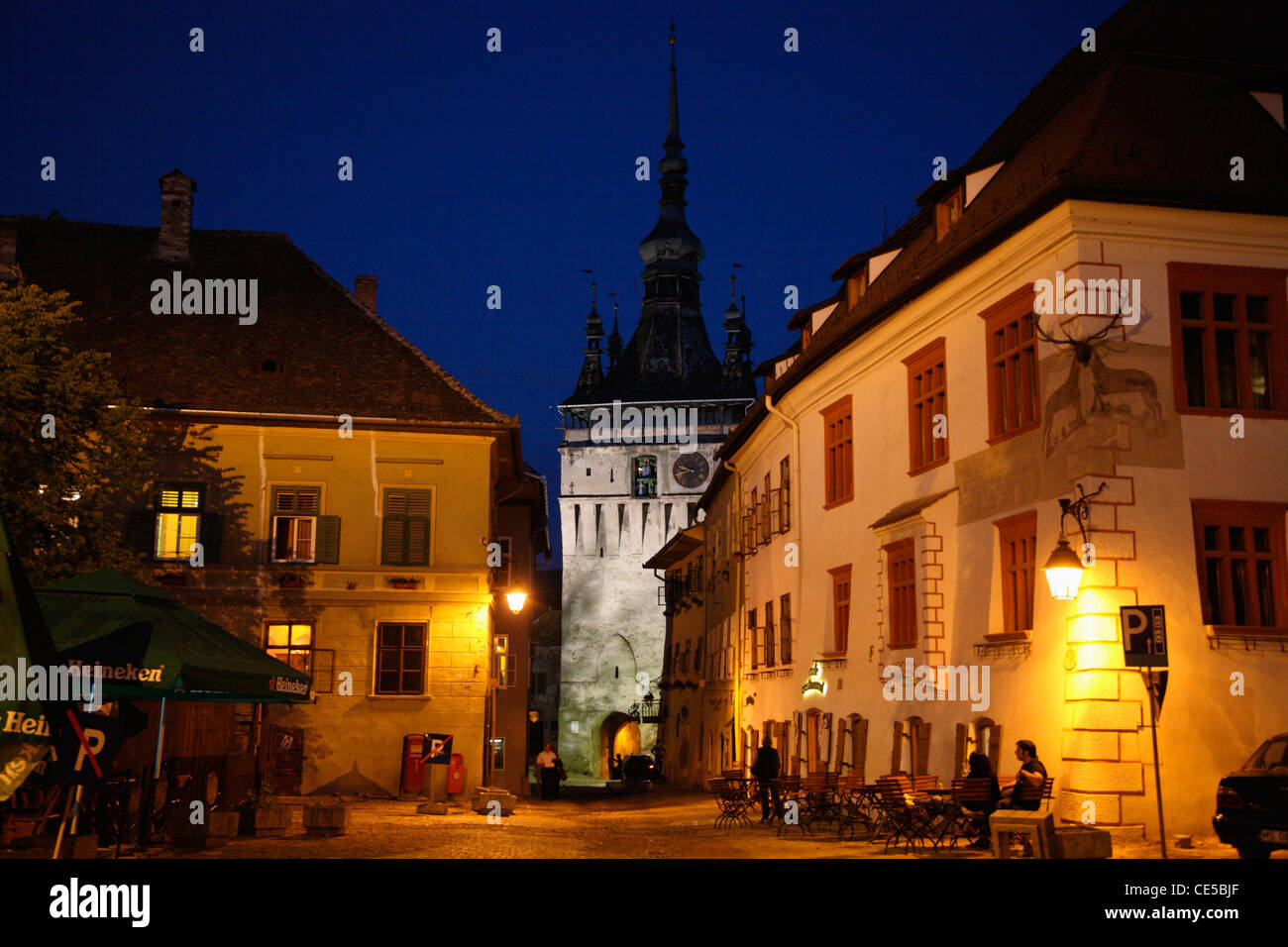 Europe, Romania, Sighisoara, The night view of the Citadel Square with the Clock Tower in the background Stock Photo