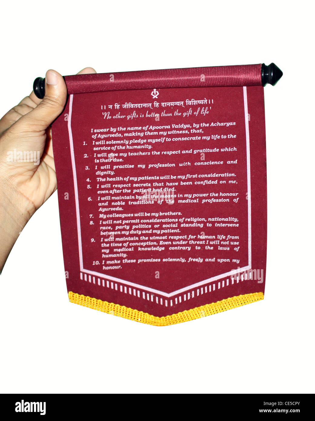 A person holding a scroll which displays a Ayurveda doctor's pledge Stock Photo