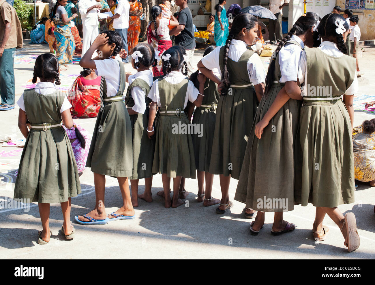 Line of indian school girls. Puttaparthi, Andhra Pradesh, India Stock Photo